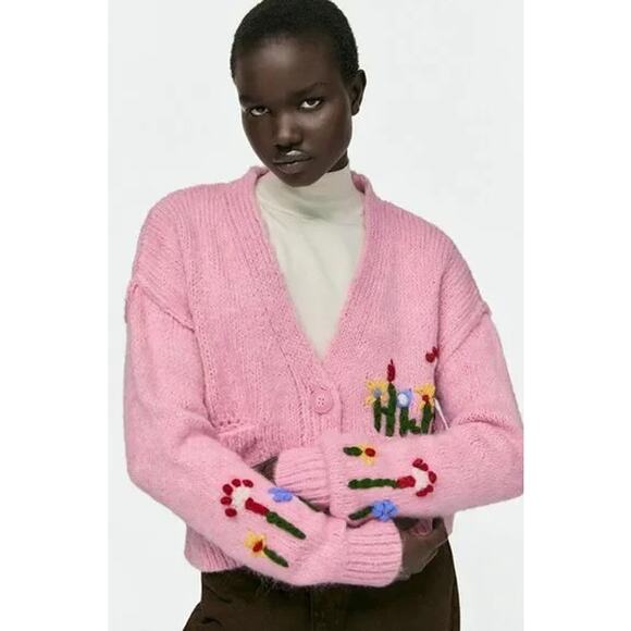 Zara Embroidered Jacquard Knit Oversized Sweater Cardigan Pink Size Small - Picture 1 of 10